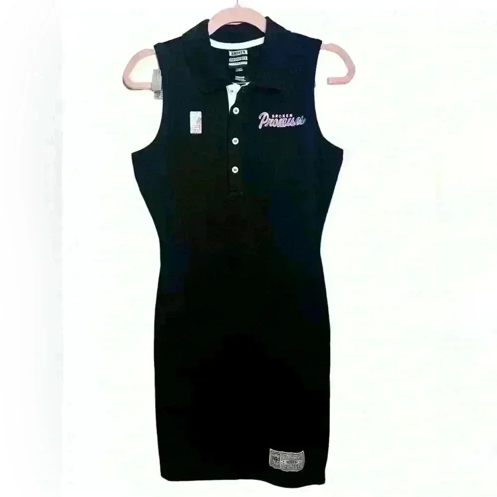 Broken Promises Black Sleeveless Collared Bodycon Graphic Polo Street Wear Dress